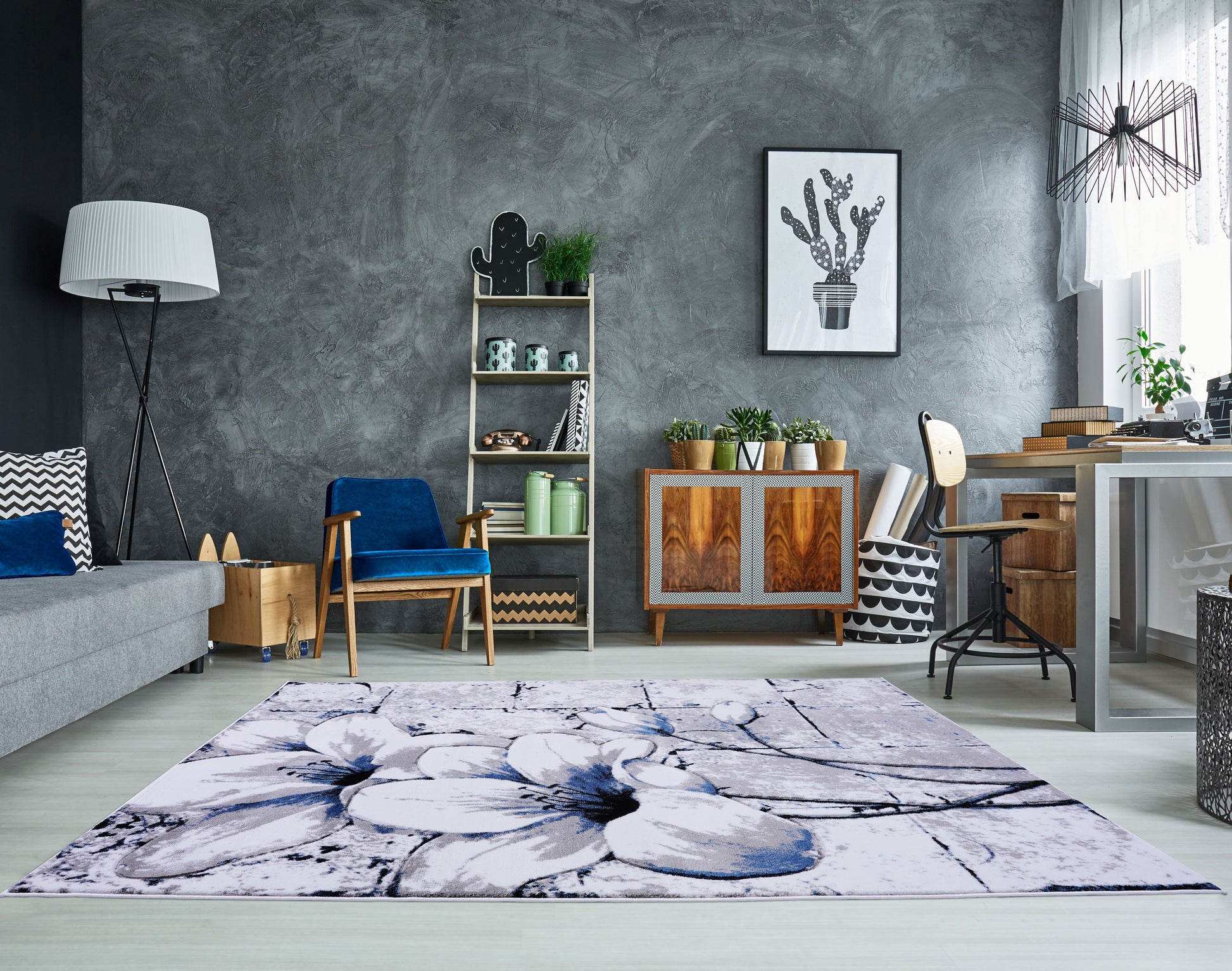 Blue Flower Pattern Area Rug