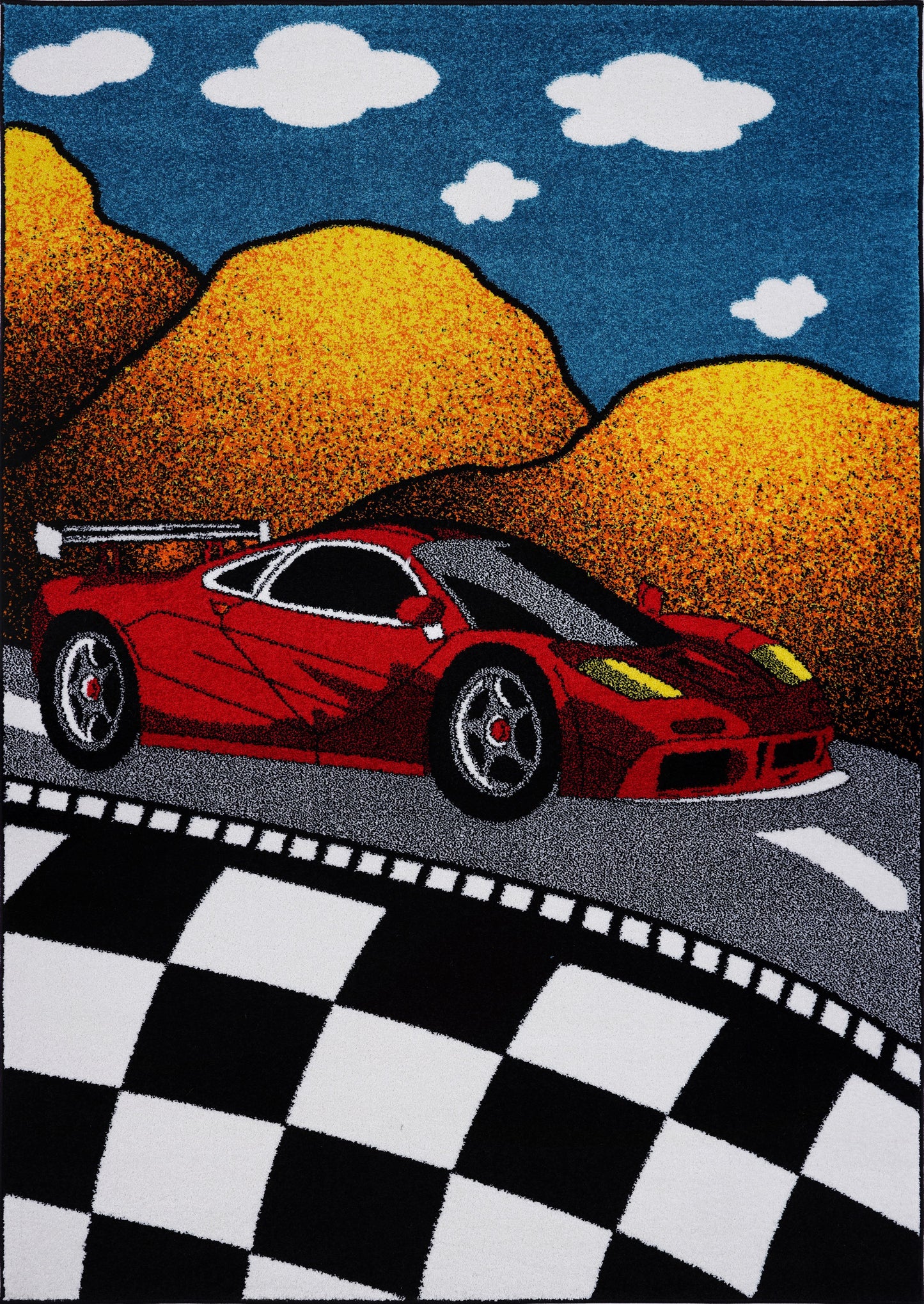 Red and Black Car on Road Polypropylene Kids Area Rug Carpet in Multicolor, 5x7 (5'3" x 7'4", 160cm x 225cm), 5'3" x 7'4" (160cm x 225cm), Multicolor