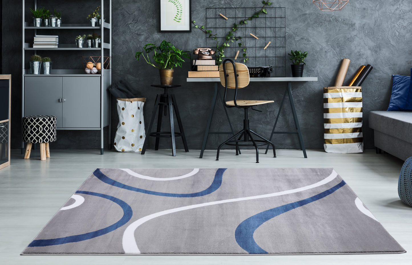 Beautiful Soft Turkish Gray Blue Contemporary Spriral Small Runner Carpet, 3x5