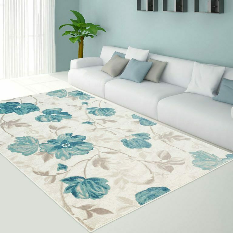 Area Rug Begonia Floral Modern Contemporary Synthetic Living Room Rug, Dining Area Rug (Blue, 5 x 8 (160cm x 230cm))