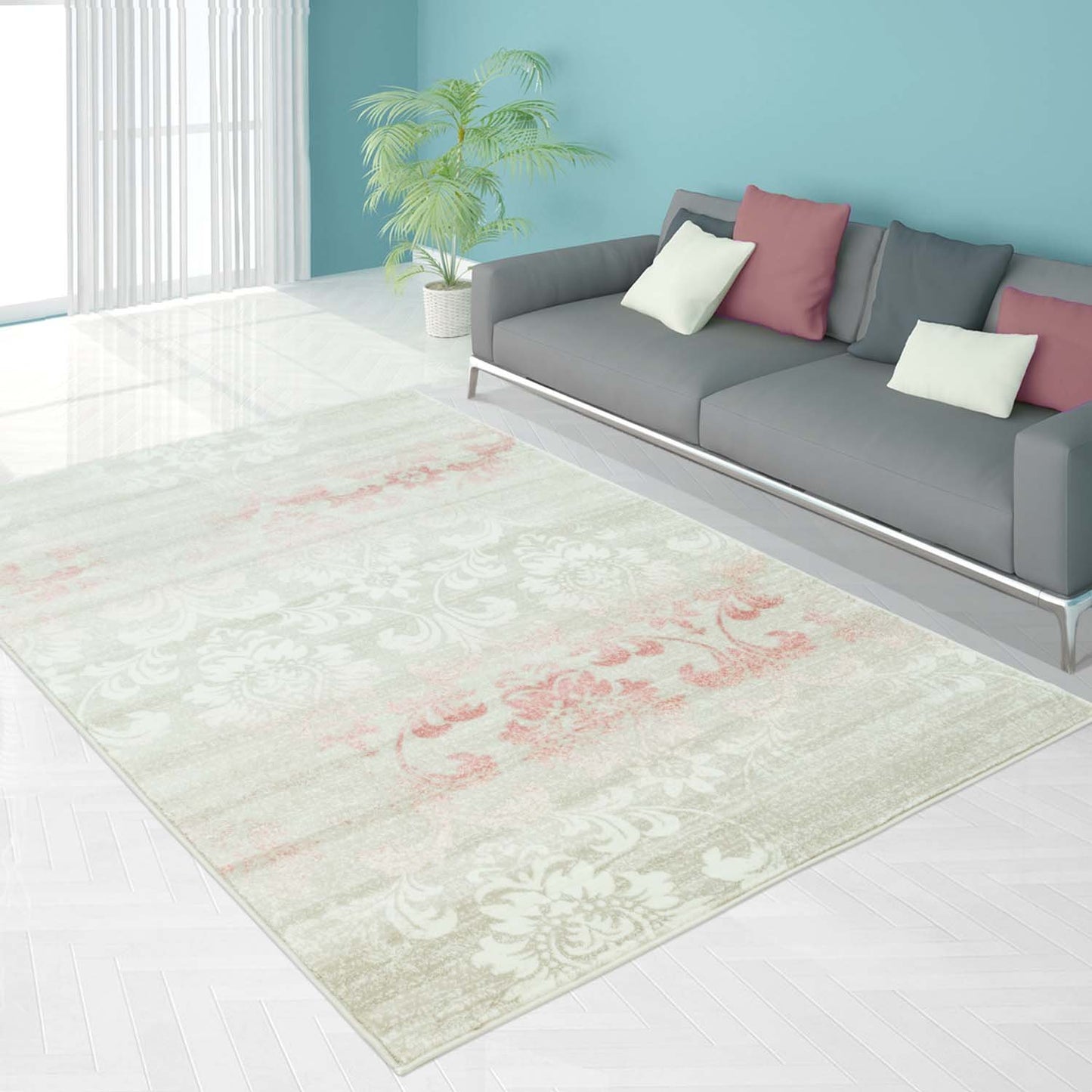 Berna Cream Pink Damask Area Rug -