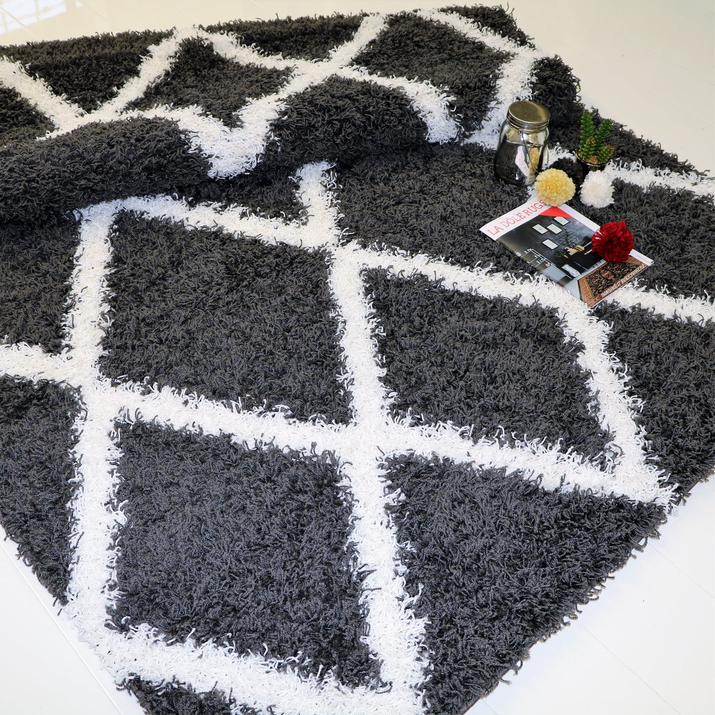 Rugs 5 Feet Diameter Round Shaggy Modern Area Rug Carpet in Dark Grey-White 3