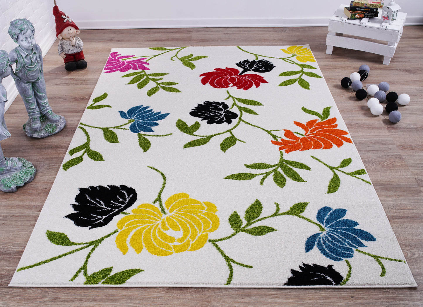 Cream and Green Made in Europe Colourful Flowers Area Rug Carpet