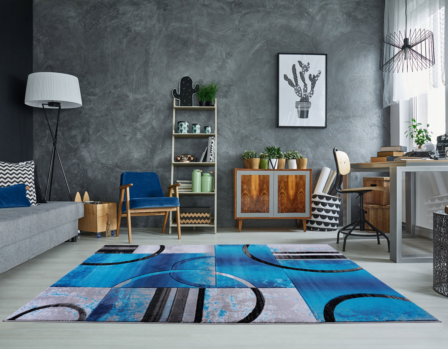 ANS10971 Adonis Collection Geometric Turquoise Balck and Grey Polypropylene Area Rug Carpet