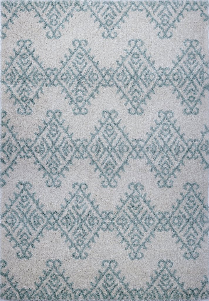 Oriental Motif Ivory Aqua Green Shaggy Area Rug