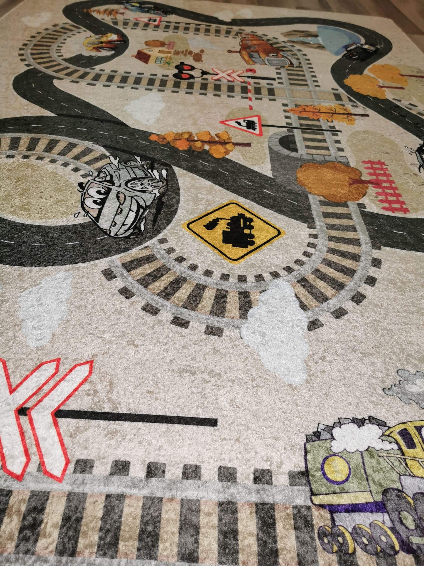 Beige Train Tracks Flatweave Play Area Rug