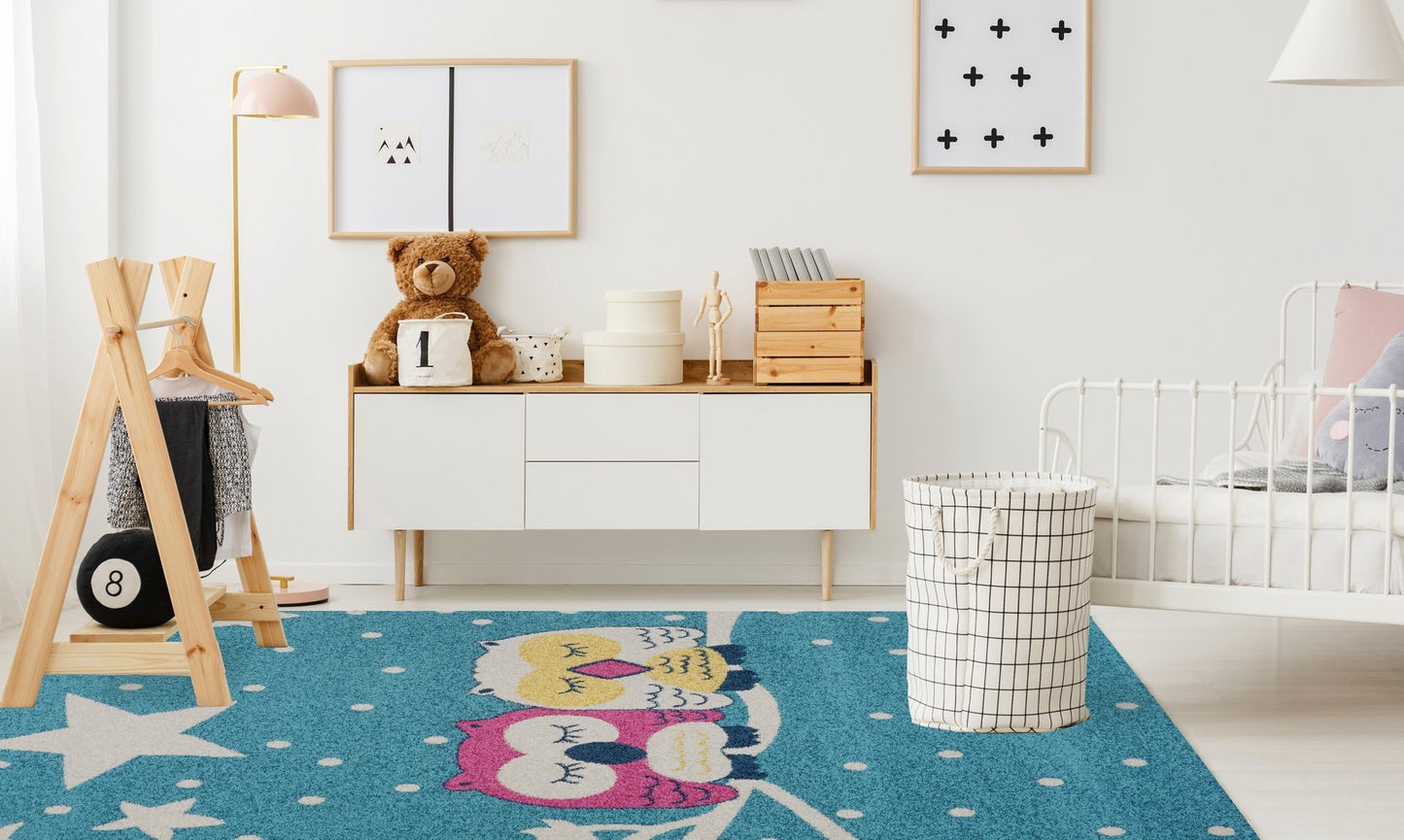 Owl Pink White Star Kids Area Rug