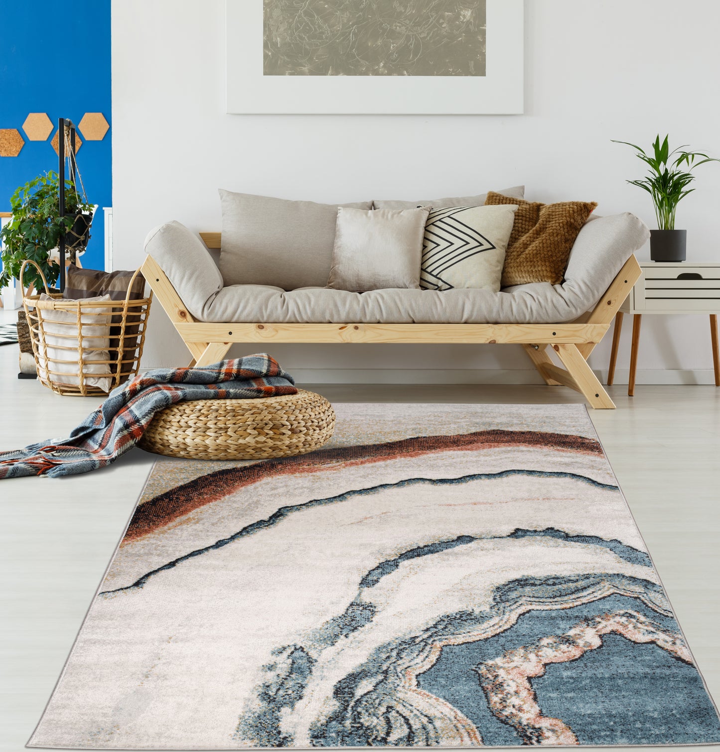 Blue Ivory Red Marble Pattern Lava Modern Abstract Area Rug For Living Room Bedroom