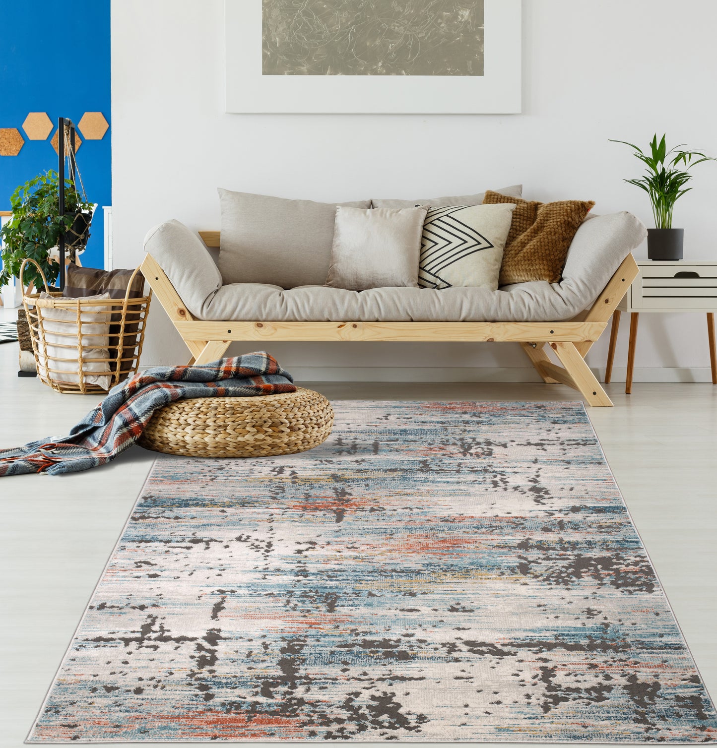 Blue Ivory Red Rustic Abstract Area Rug For Living Room Bedroom
