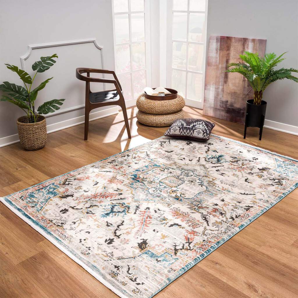 La Dole Rugs Traditional Persian Oriental Distressed Teal Turquoise Ivory Grey Red Orange Area Rug