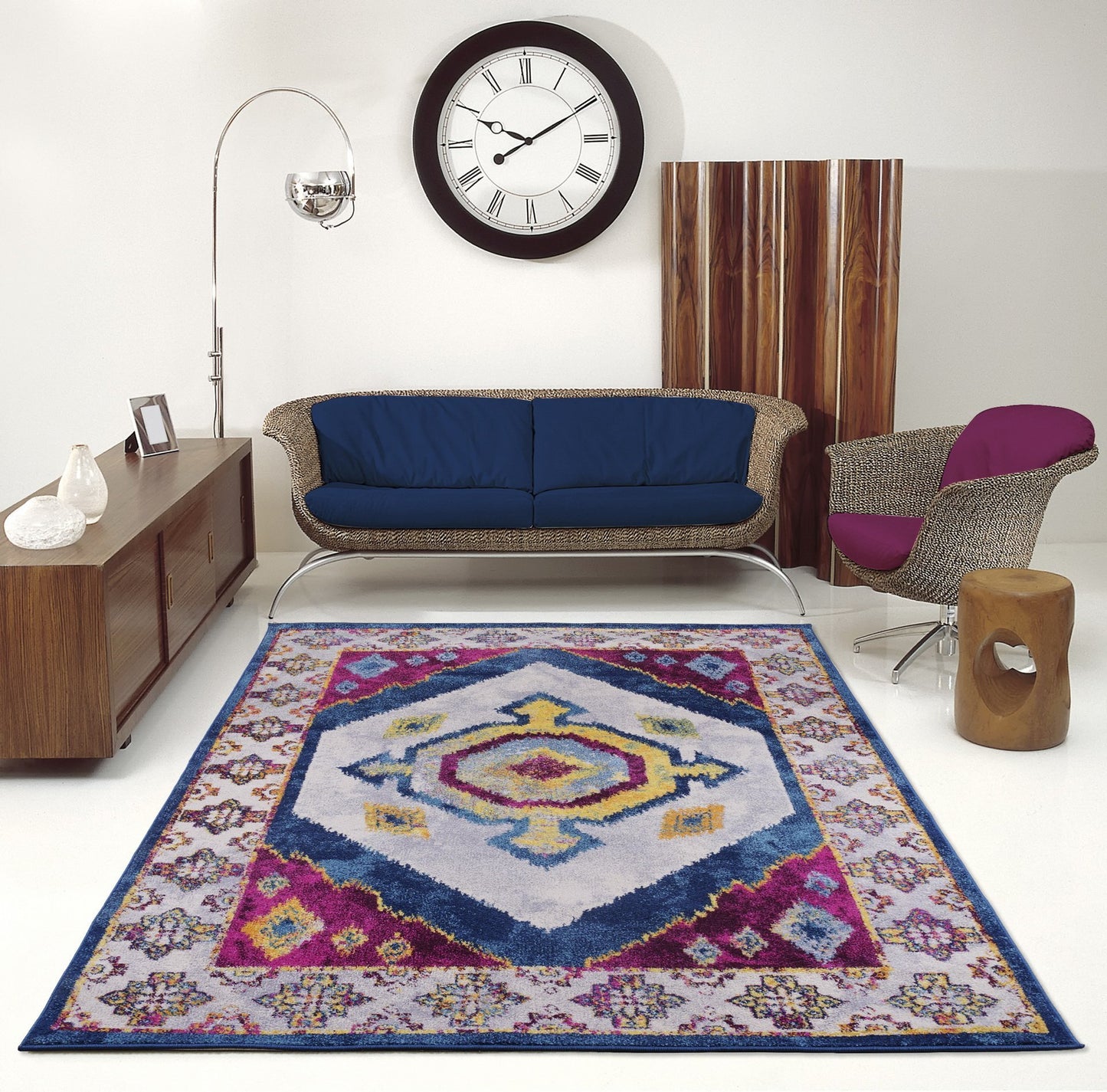 Huma Ikat Traditional Style Polypropylene Machine Made European Mat Carpet in Purple Blue