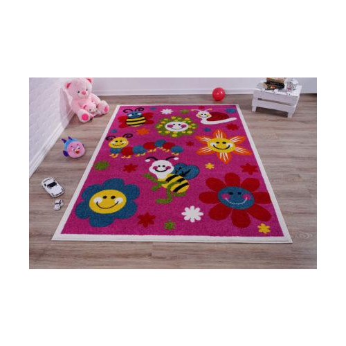 Cute Bees and Flowers Smiley Faces Kids Area Rug Carpet, Pink