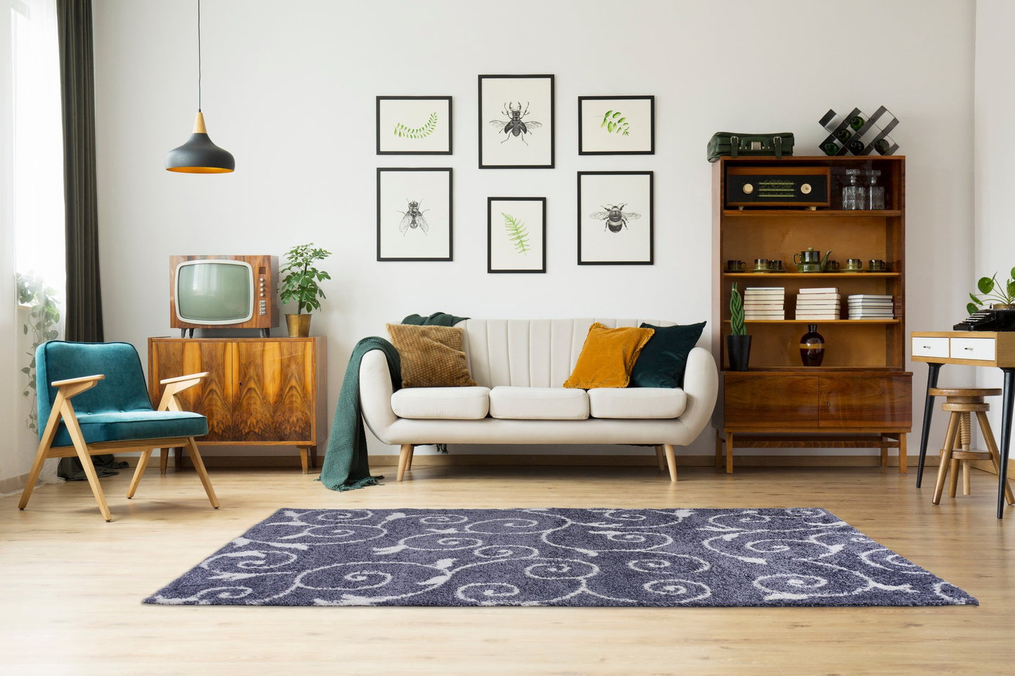 Shaggy Rabat Abstract Pattern Sustainable Spirals Style Indoor Area Rug Carpet, Dark Gray/White