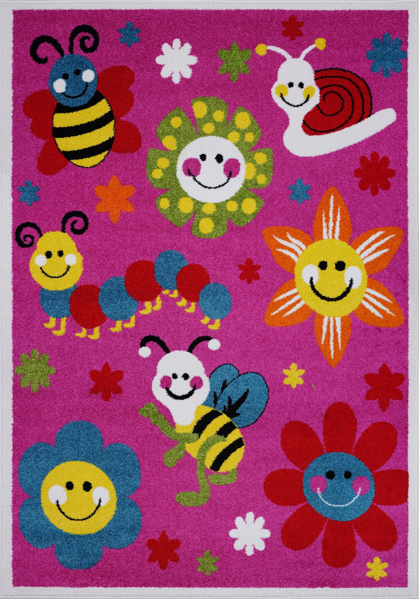 Cute Bees and Flowers Smiley Faces Kids Area Rug Carpet, Pink