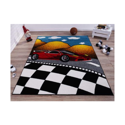 Red and Black Car on Road Polypropylene Kids Area Rug Carpet in Multicolor, 5x7 (5'3" x 7'4", 160cm x 225cm), 5'3" x 7'4" (160cm x 225cm), Multicolor