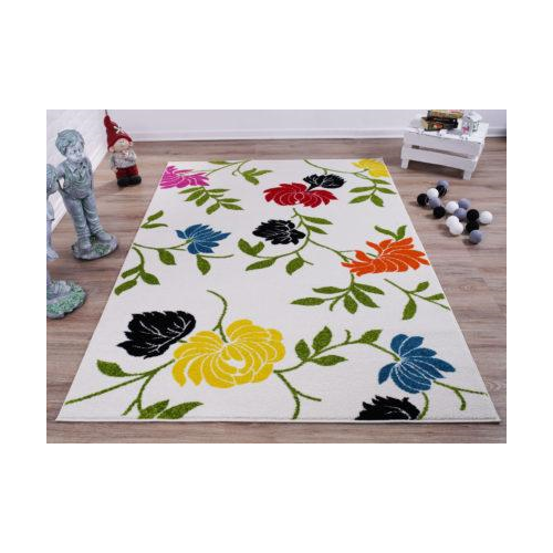 Cream and Green Made in Europe Colourful Flowers Area Rug Carpet