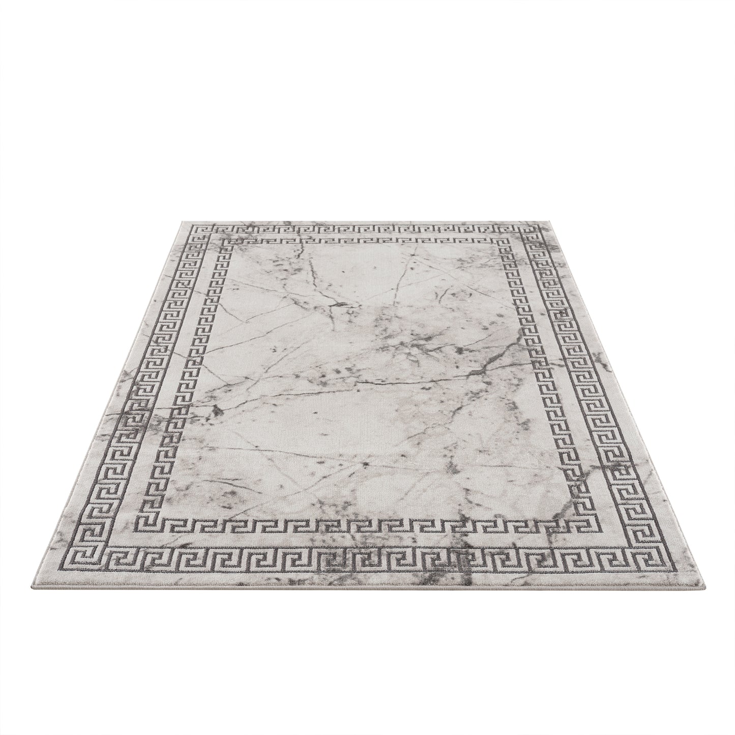 Light Dark Grey Beige Modern Meander Greek Pattern Bordered Area Rug