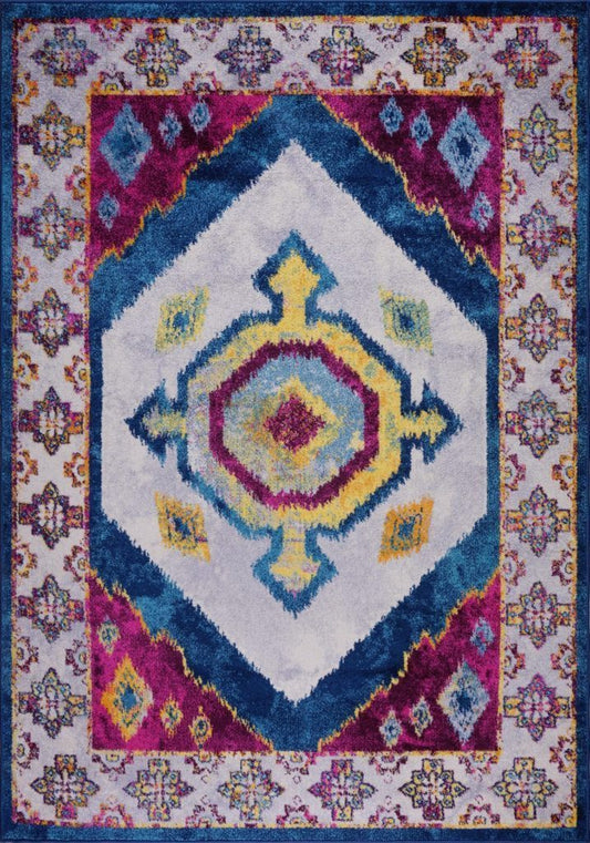 Huma Ikat Traditional Style Polypropylene Machine Made European Mat Carpet in Purple Blue