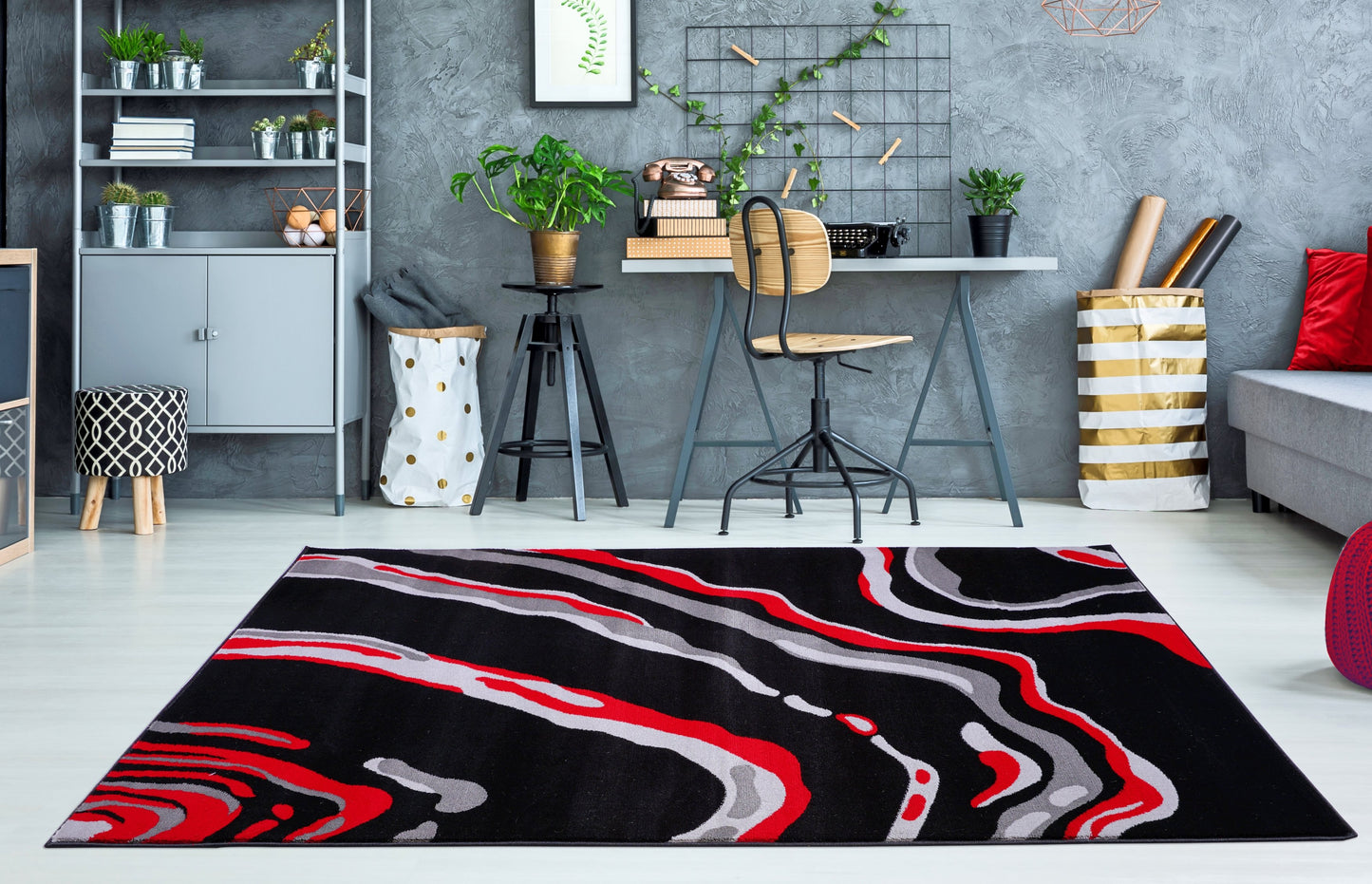 Calvin Abstract Contemporary Modern Rug in Black and Red