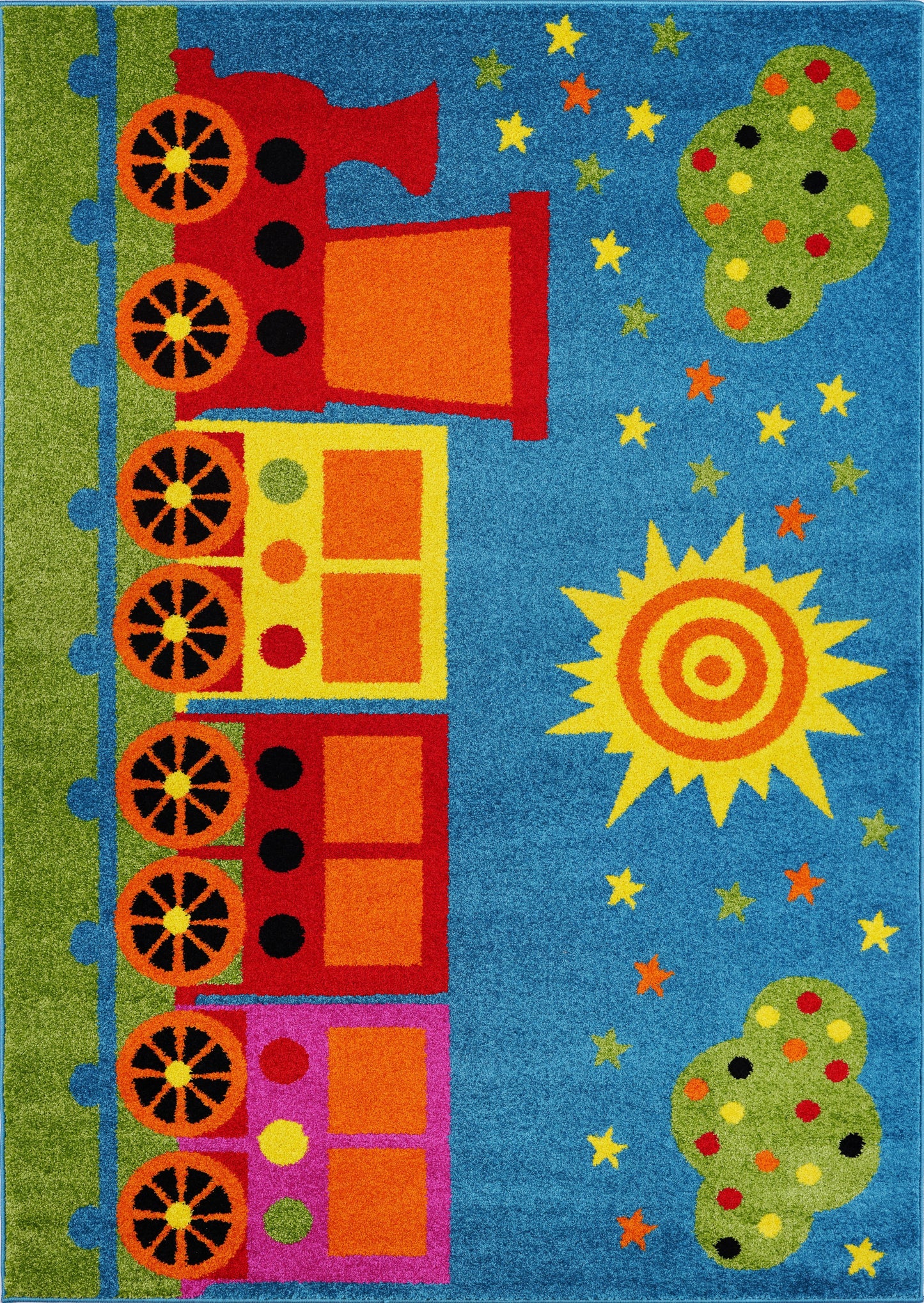 Train and Sky Theme Cartoon Style Polypropylene Kids Area Rug Carpet in Blue and Mutlicolor