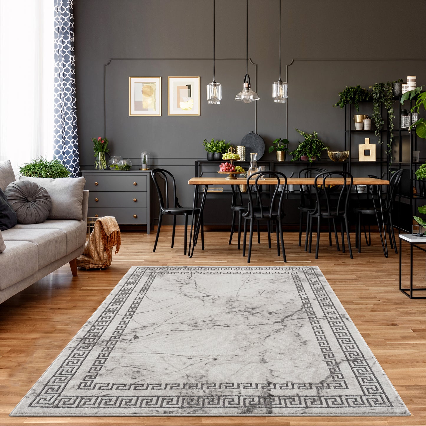 Light Dark Grey Beige Modern Meander Greek Pattern Bordered Area Rug