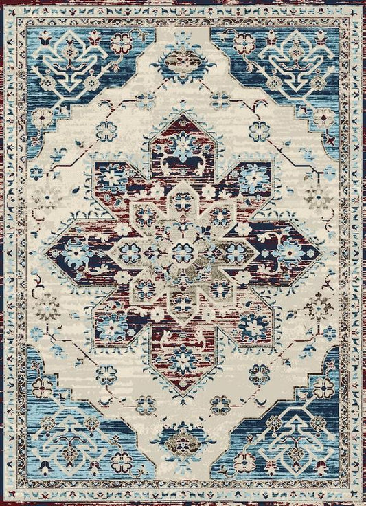 Victoria Traditional Distressed Style Blue Red Area Rug