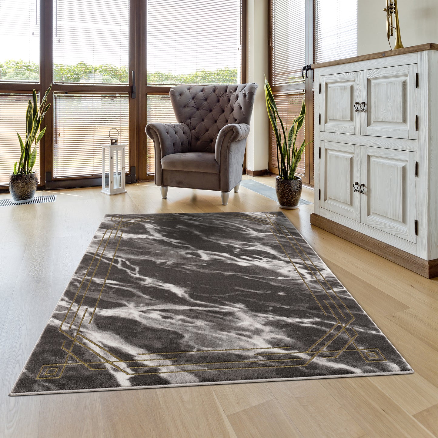 La Dole Rugs Modern Minimalistic Marble Pattern Abstract Rustic Grey Charcoal Gold Bordered Area Rug