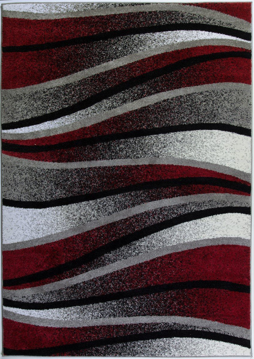 Durable Boston Collection Waves Pattern Abstract Mat Carpet in Ivory Red Grey, 2' x 3'3"(60cm x 100cm)