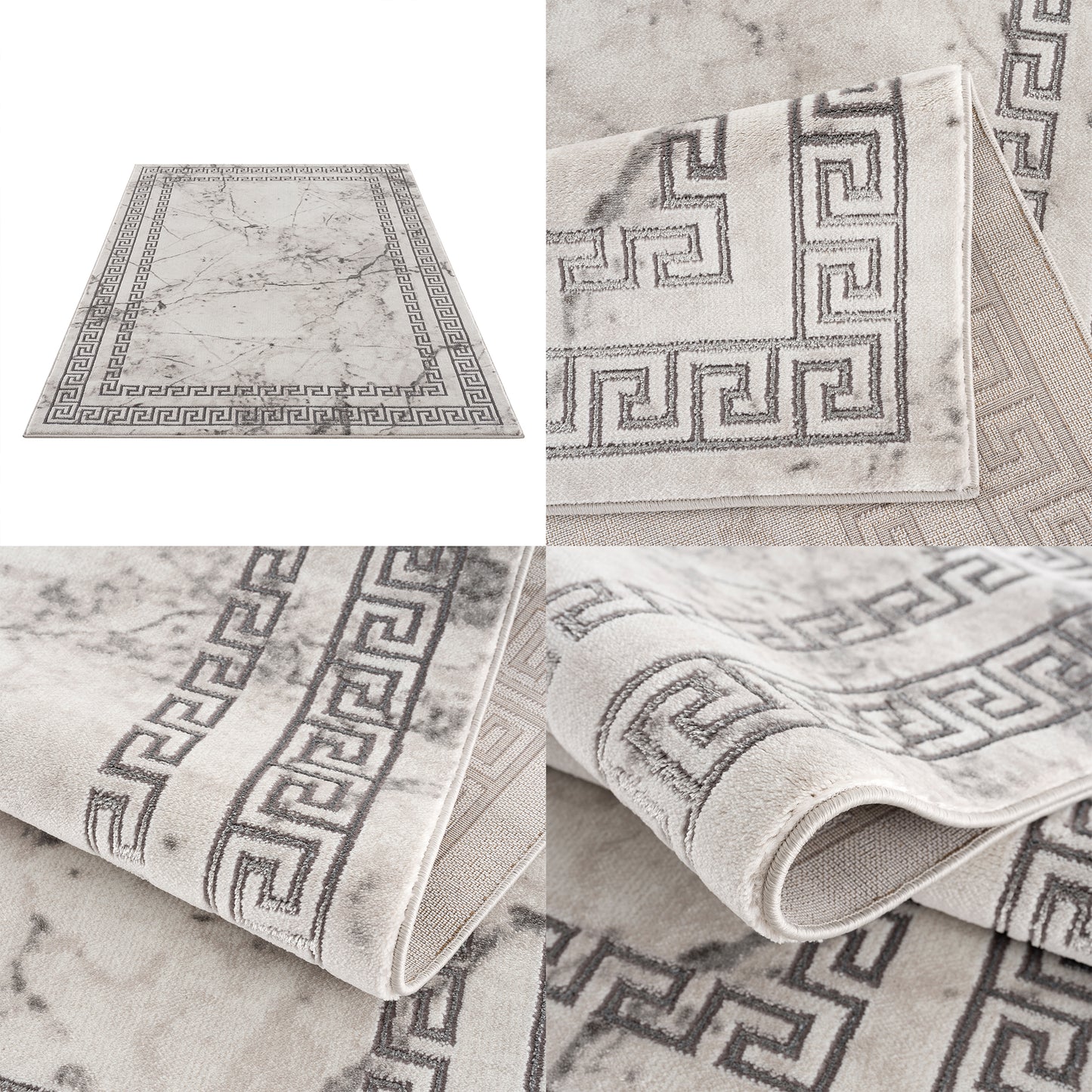 Light Dark Grey Beige Modern Meander Greek Pattern Bordered Area Rug