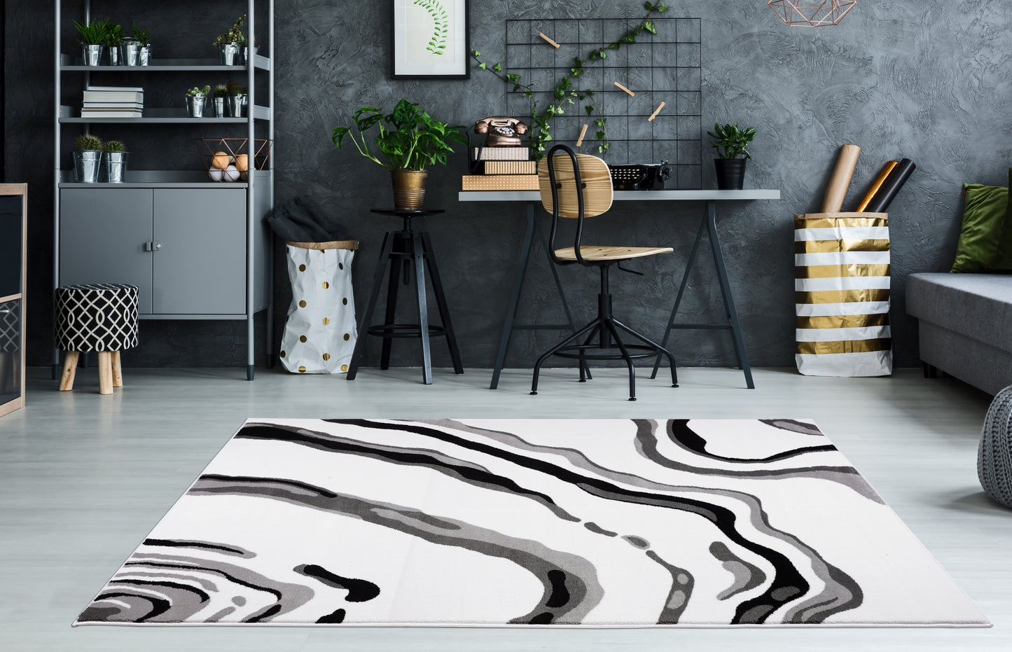 Calvin White Black Abstract Area Rug