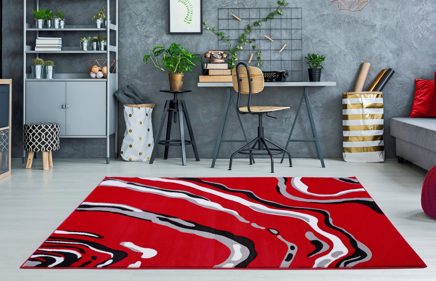 Calvin Red Black Abstract Area Rug