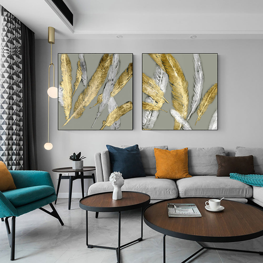 Ladole Rugs Canvas Wall Art Golden and White Feather Framed Painting Prints - Modern Artwork Home Decor for Bedroom, Living Room, Dining Room - 40 x 40 cm