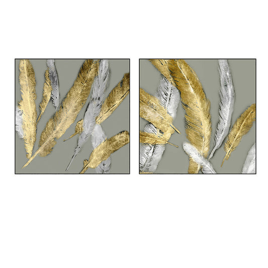 Ladole Rugs Canvas Wall Art Golden and White Feather Framed Painting Prints - Modern Artwork Home Decor for Bedroom, Living Room, Dining Room - 40 x 40 cm