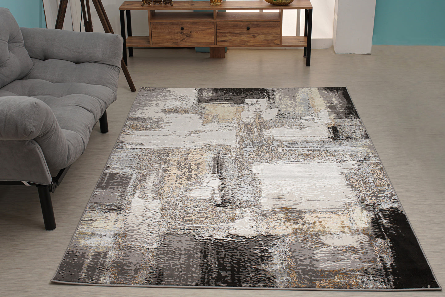 Cream Copper Gold Grey Metalic Rustic Abstract Patches Pattern Area Rug