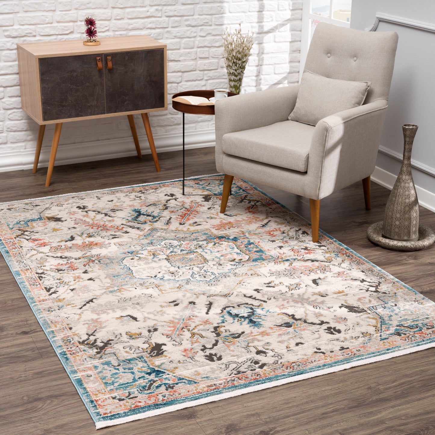 La Dole Rugs Traditional Persian Oriental Distressed Teal Turquoise Ivory Grey Red Orange Area Rug