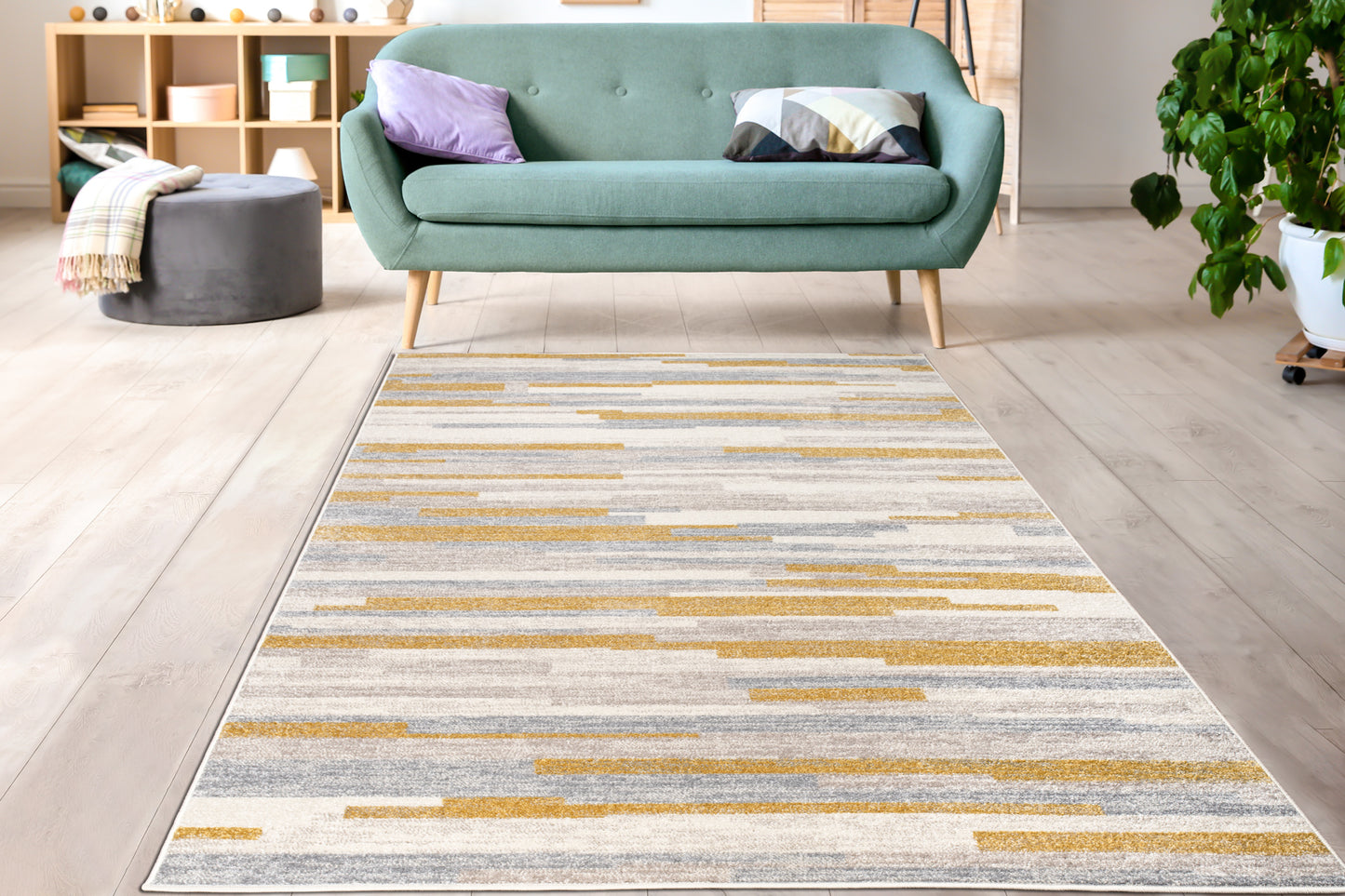 LaDole Rugs Abstract Striped Rustic Minimalist Contemporary Area Rug - Modern Carpet for Living Room, Bedroom, Office, Entrance, and Hallway - Mustard Yellow, Grey, and Beige