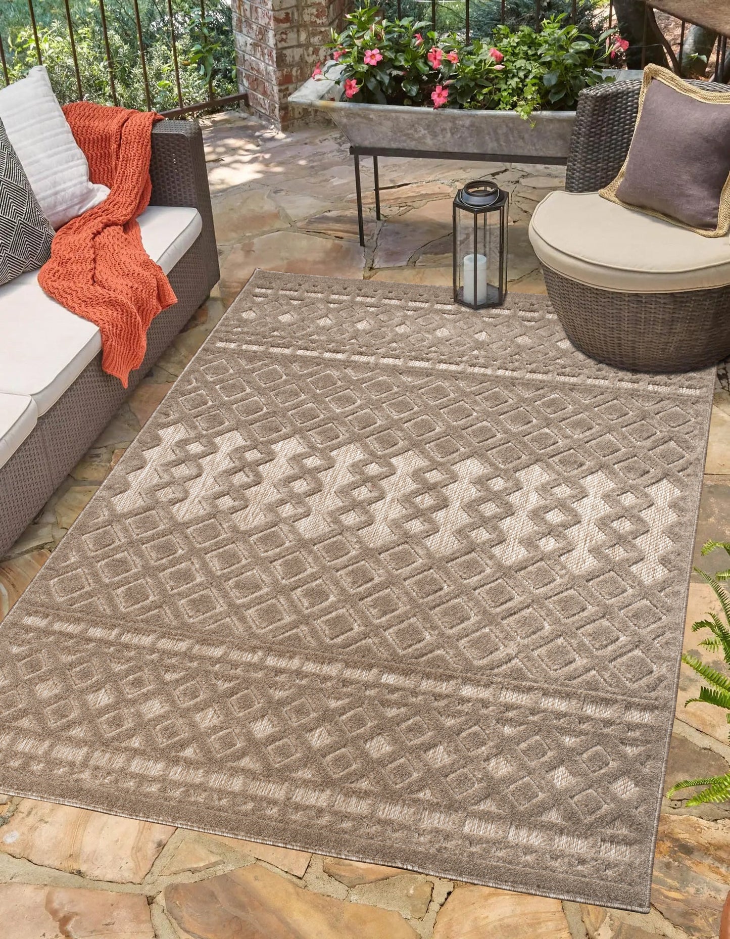 Geometric Modern Contemporary Outdoor Indoor Area Rug Carpet For Patio, Porch, Dining Area, Balcony, Living Room, Bedroom - Brown - Cream Beige