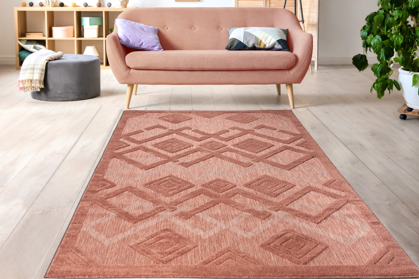 LaDole Rugs Geometric Modern Contemporary Area Rug - Durable Premium Carpet for Living Room, Bedroom, and Office - Salmon Red, Blue, Cream Beige, Grey
