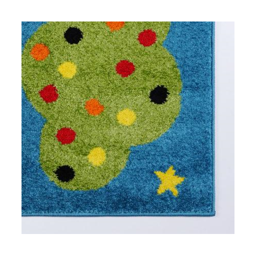 Train and Sky Theme Cartoon Style Polypropylene Kids Area Rug Carpet in Blue and Mutlicolor