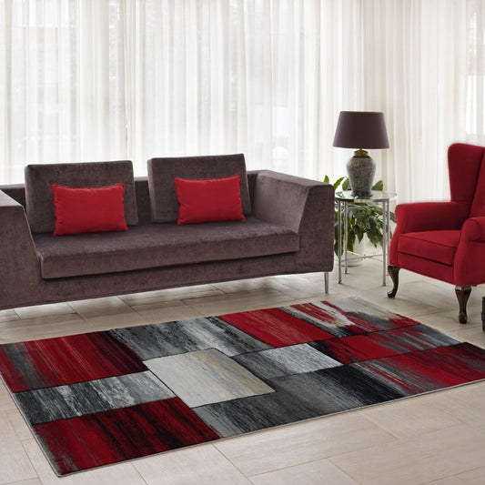 Copper Currant Red Grey Living Room Area Rug Contemporary Modern Geometric Design Hallway Dining Rug