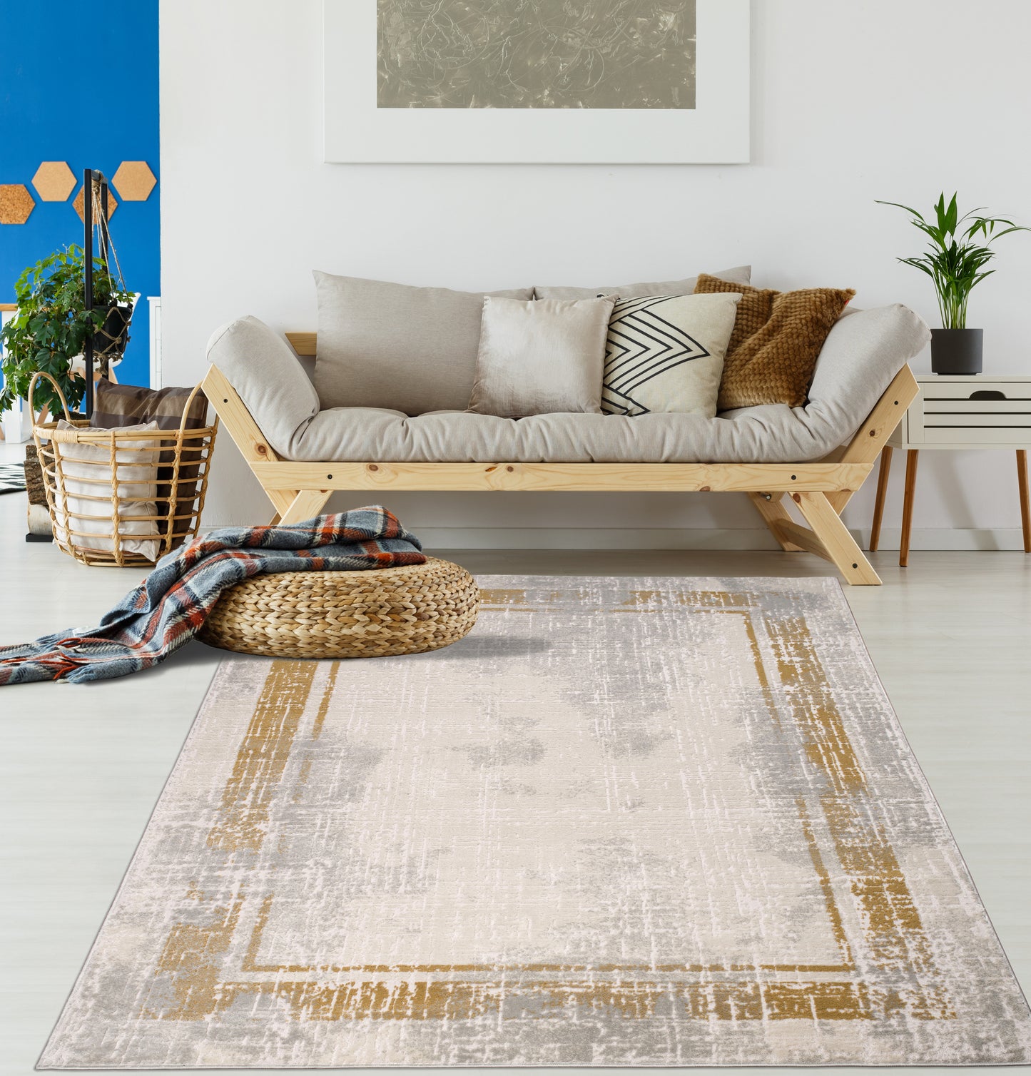Mustard Grey Bordered Modern Contemporary Minimalistic Area Rug For Living Room Bedroom